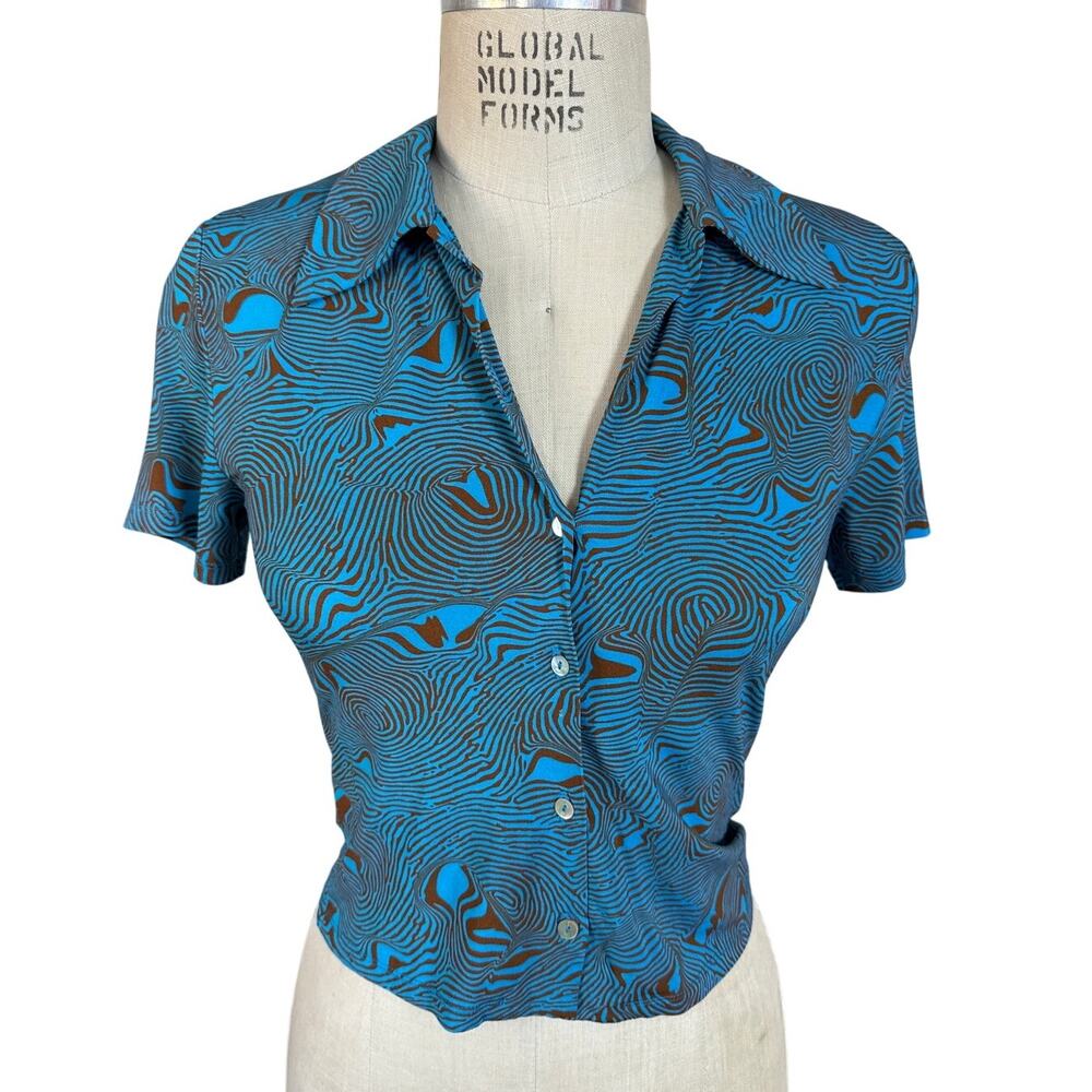 Paloma Wool Regina Short Sleeve Button Up Shirt in Blue and Brown Size Small